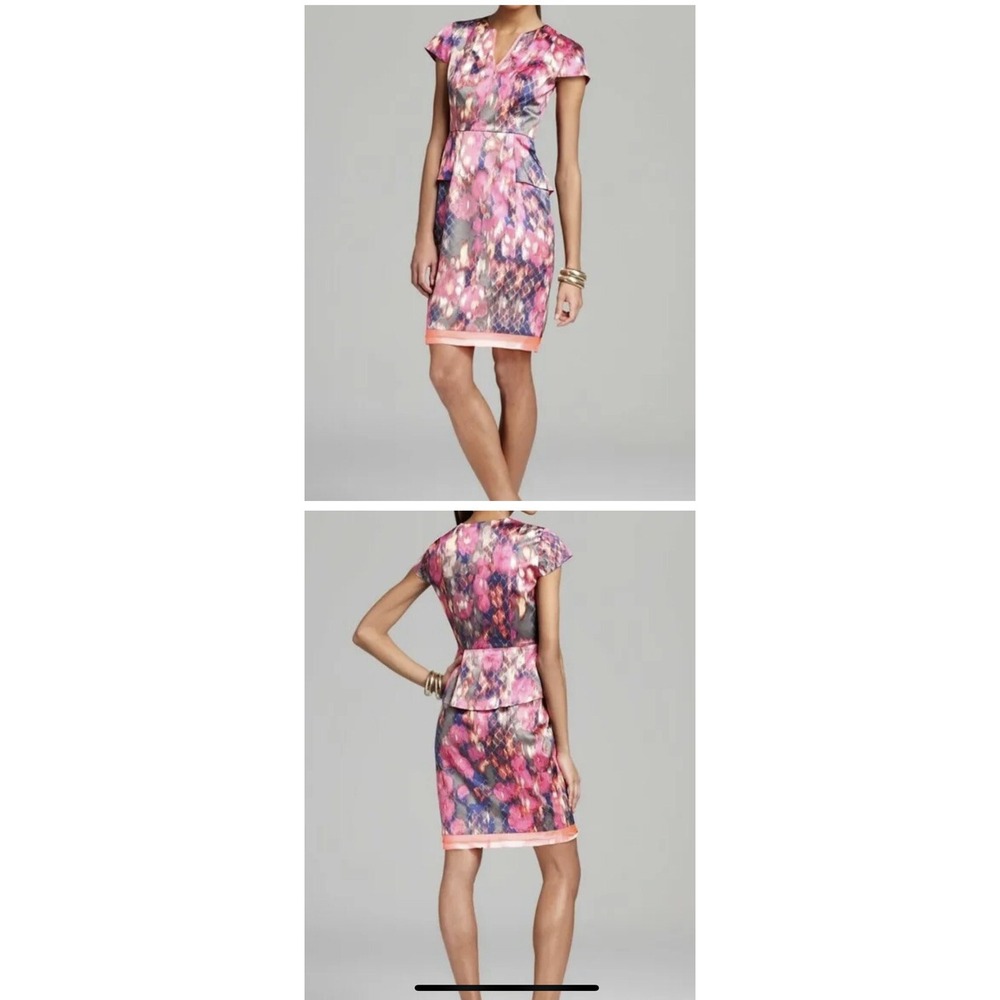 T Tahari Christina Dress Satin Peplum Watercolor Pink Black Floral Midi 14 XL